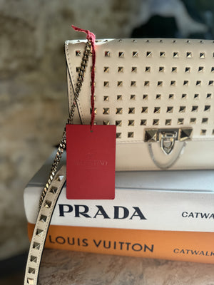 VALENTINO | Leather Demilune Rockstud Small Ivory Bag