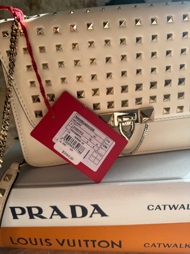 VALENTINO | Leather Demilune Rockstud Small Ivory Bag