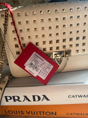 VALENTINO | Leather Demilune Rockstud Small Ivory Bag