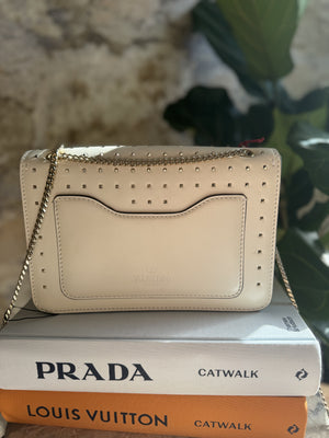 VALENTINO | Leather Demilune Rockstud Small Ivory Bag