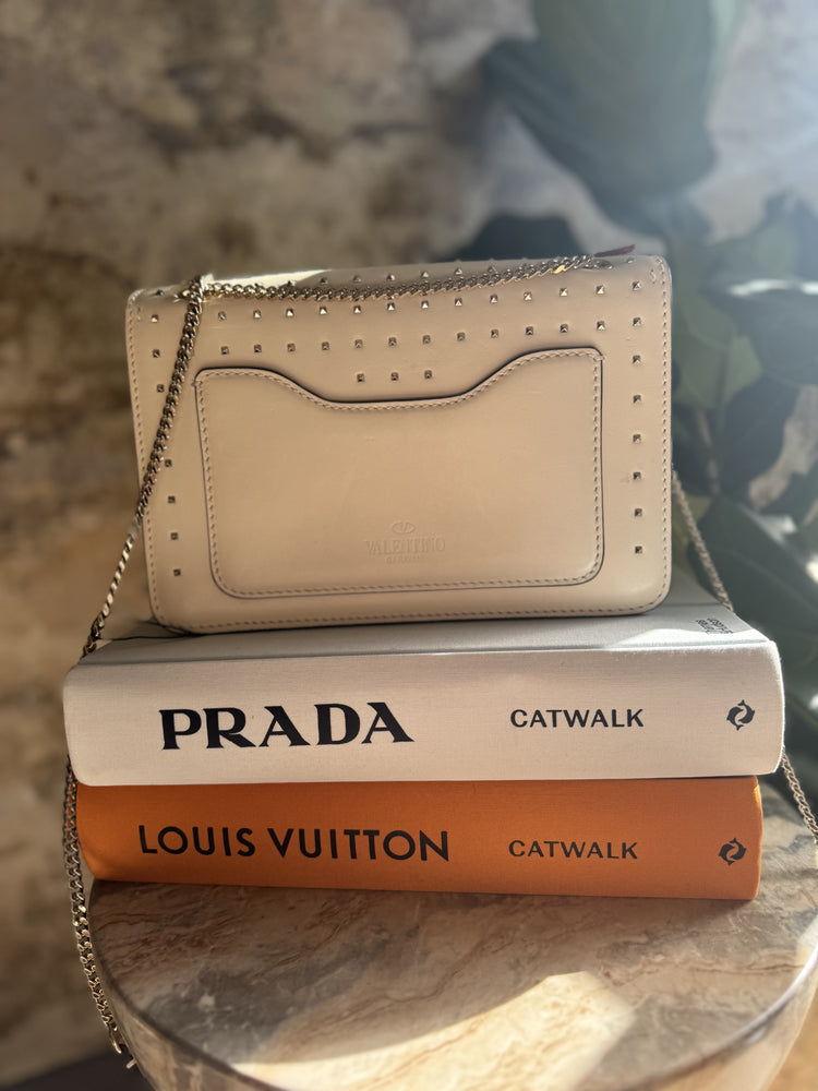 VALENTINO | Leather Demilune Rockstud Small Ivory Bag